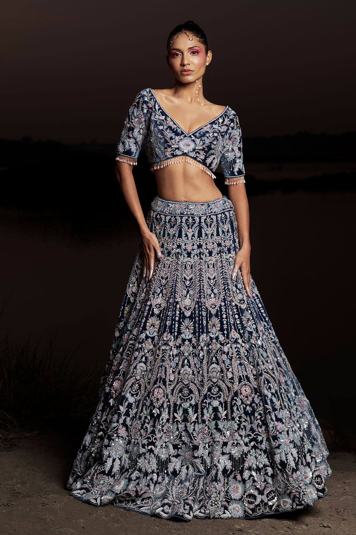NOORI I-Midnight blue bridal lehenga in silk velvet