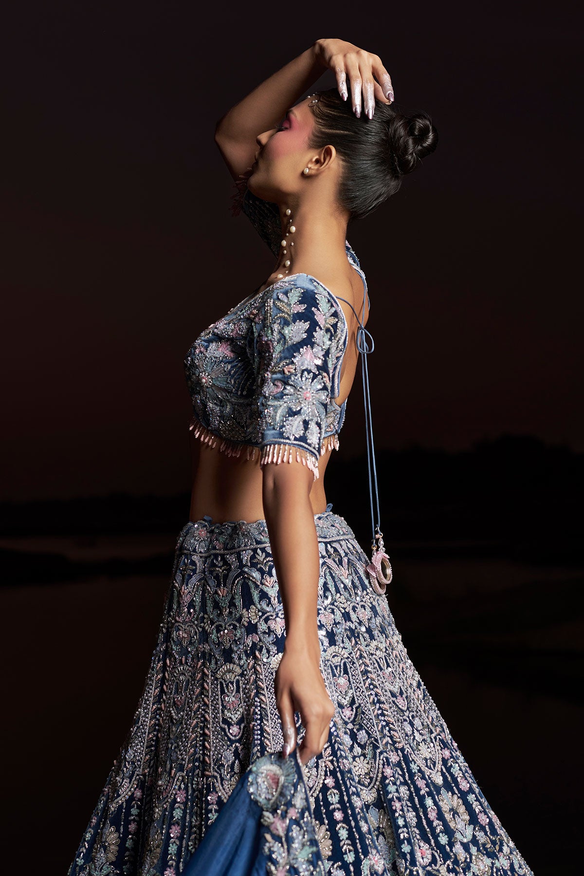 NOORI I-Midnight blue bridal lehenga in silk velvet