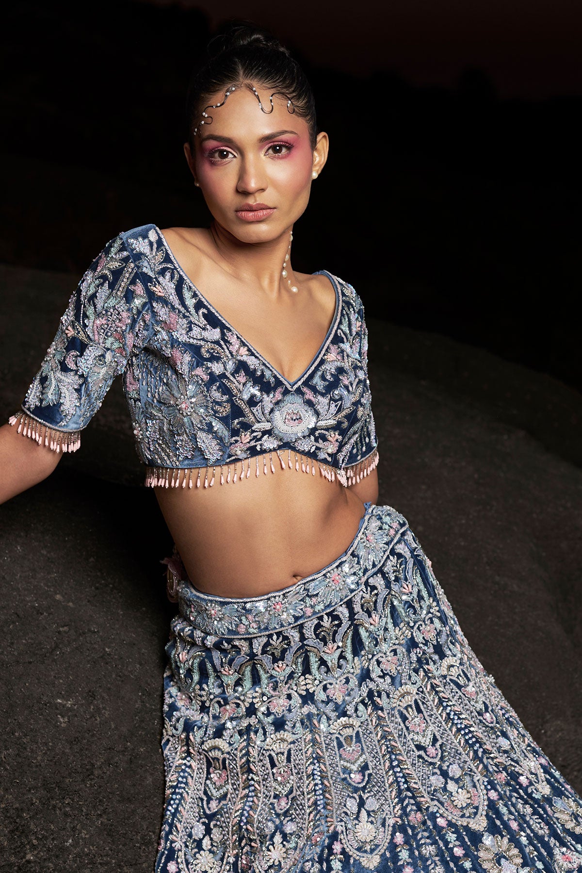 NOORI I-Midnight blue bridal lehenga in silk velvet