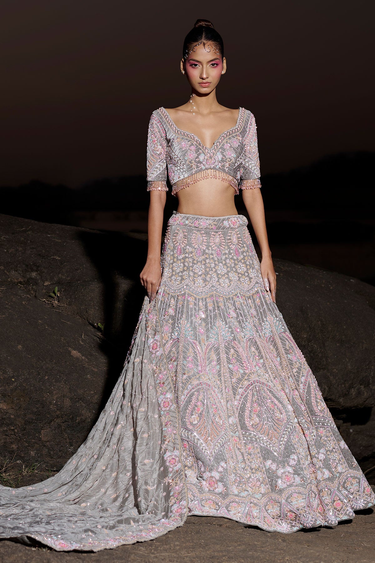NOORI II- Cool gray bridal lehenga in silk velvet