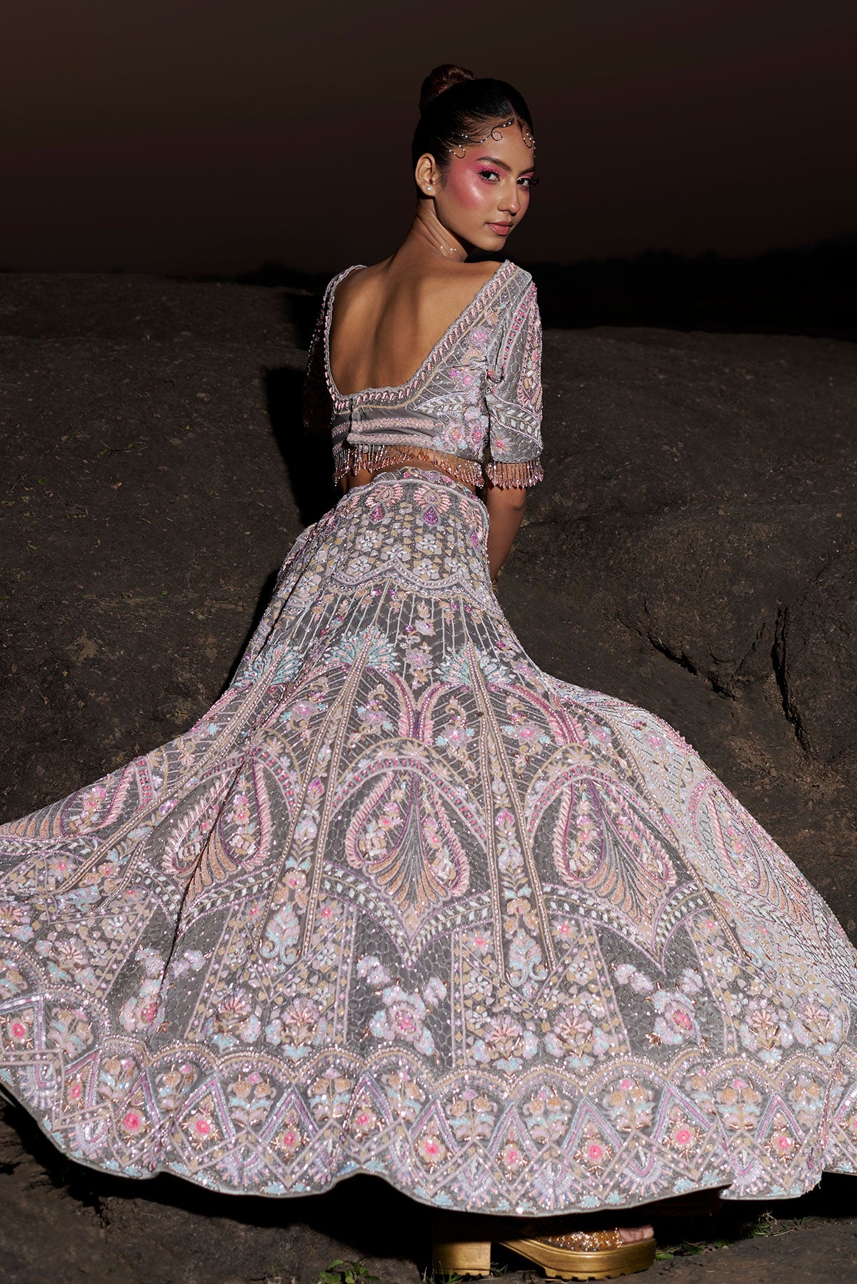 NOORI II- Cool gray bridal lehenga in silk velvet