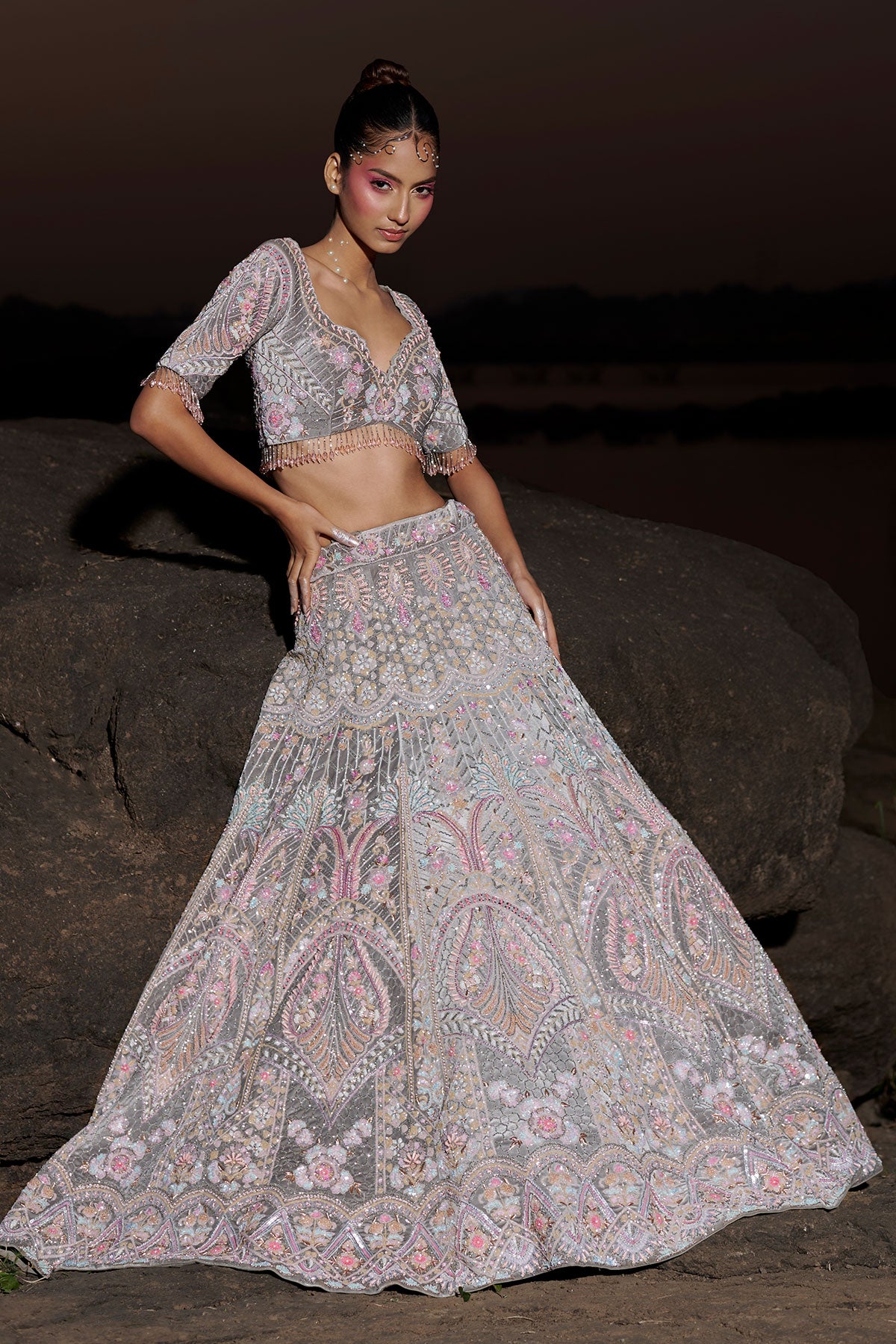 NOORI II- Cool gray bridal lehenga in silk velvet