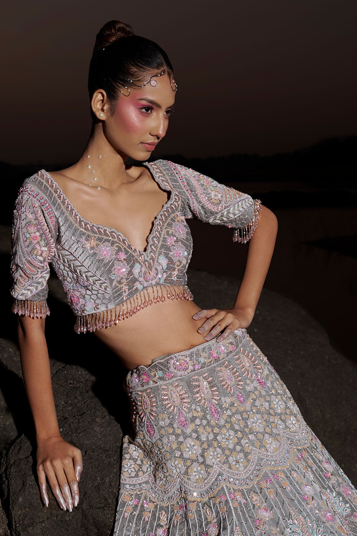 NOORI II- Cool gray bridal lehenga in silk velvet