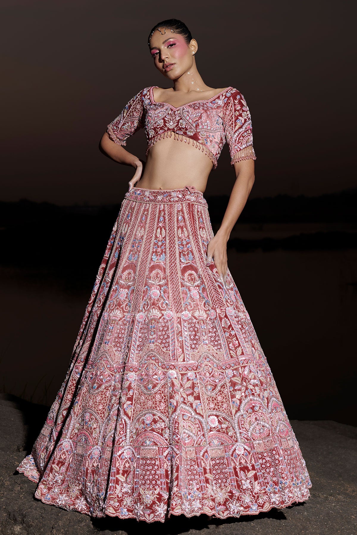 NOORI III- Fireweed Red bridal lehenga in silk velvet
