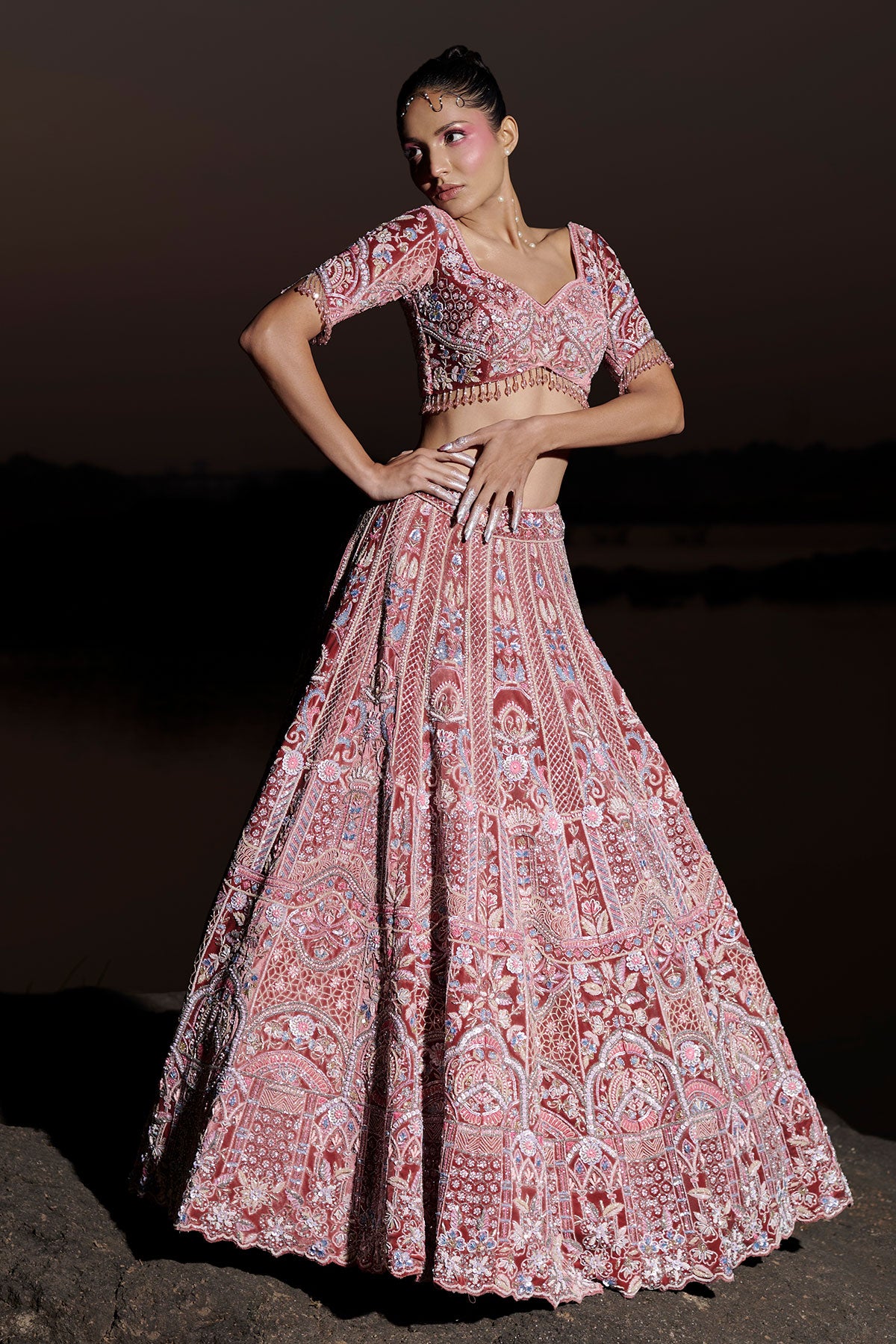 NOORI III- Fireweed Red bridal lehenga in silk velvet