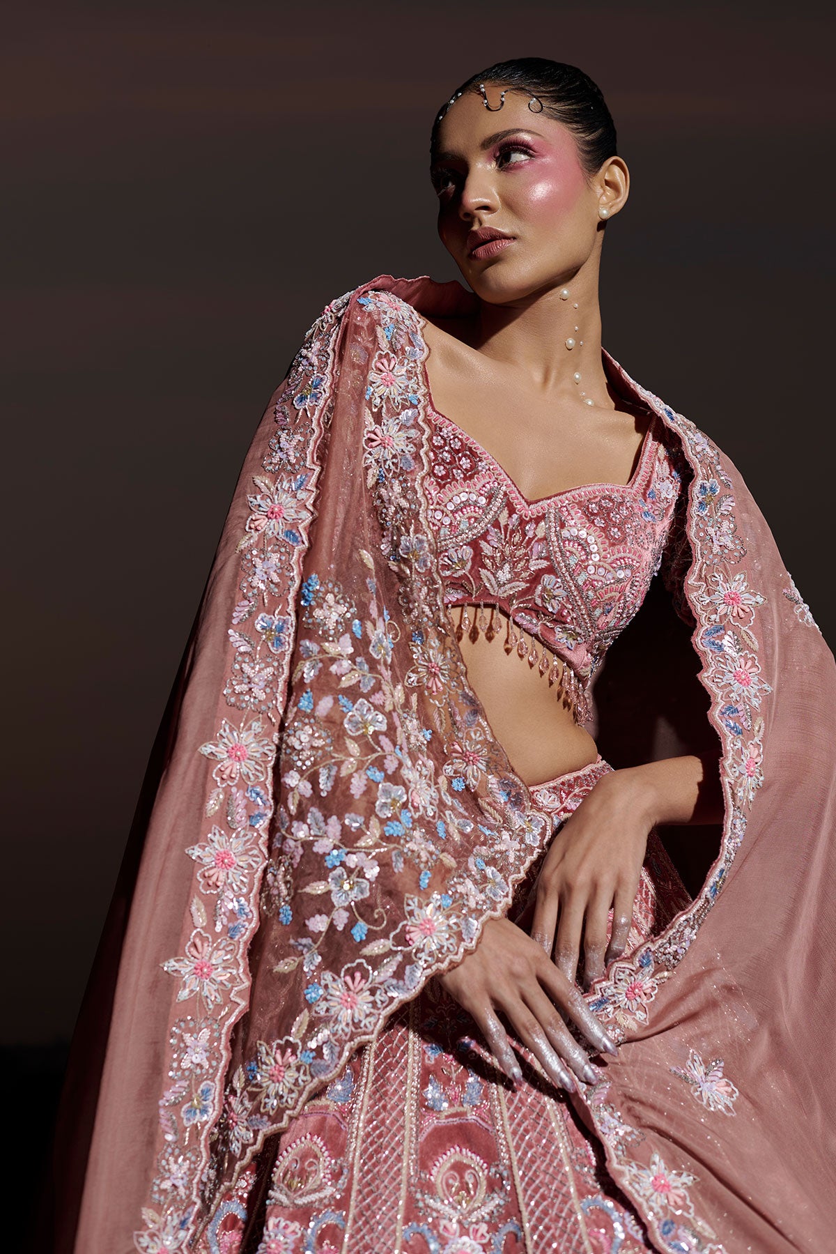 NOORI III- Fireweed Red bridal lehenga in silk velvet