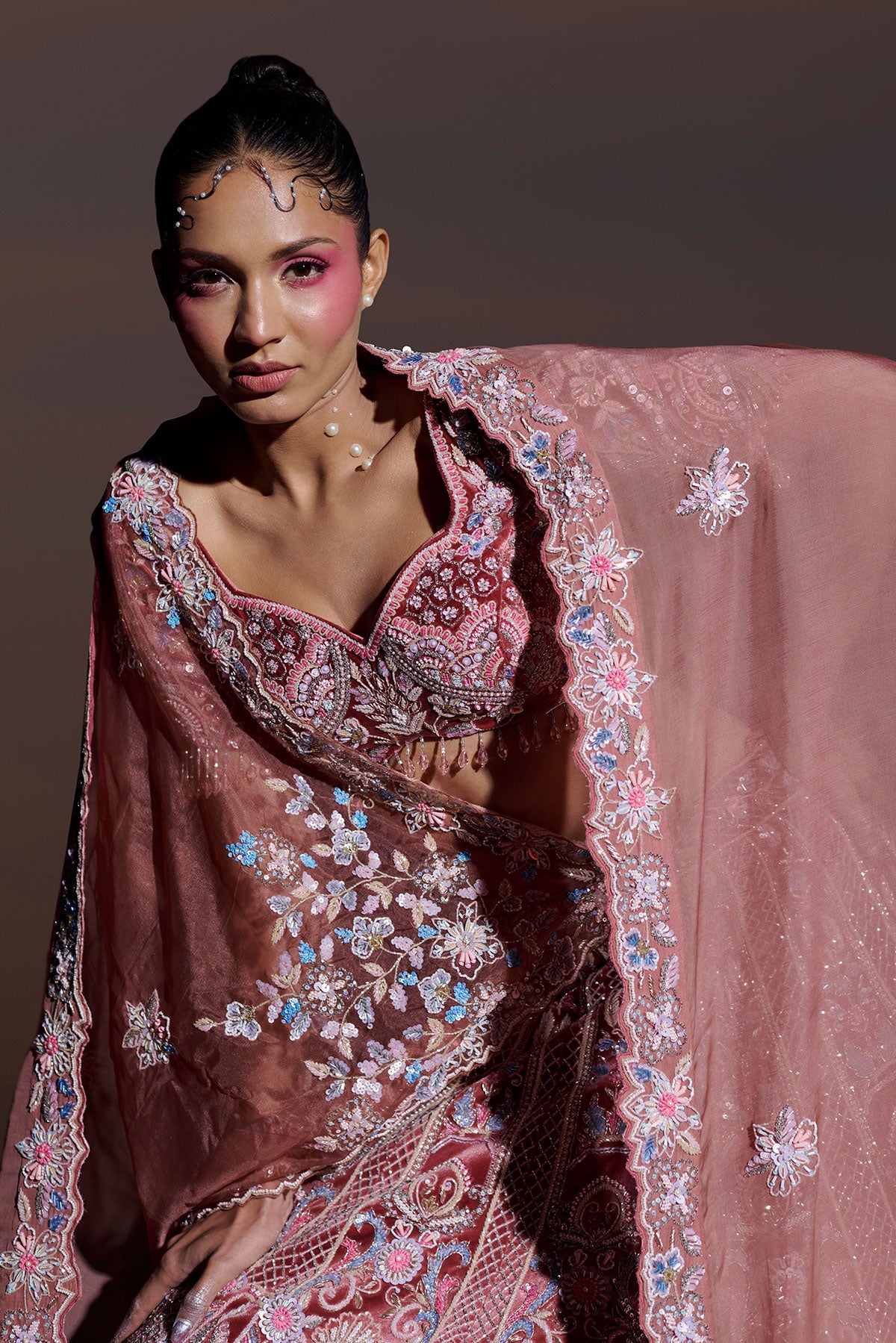 NOORI III- Fireweed Red bridal lehenga in silk velvet