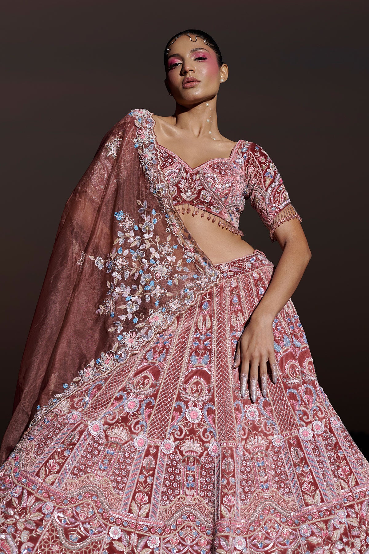 NOORI III- Fireweed Red bridal lehenga in silk velvet