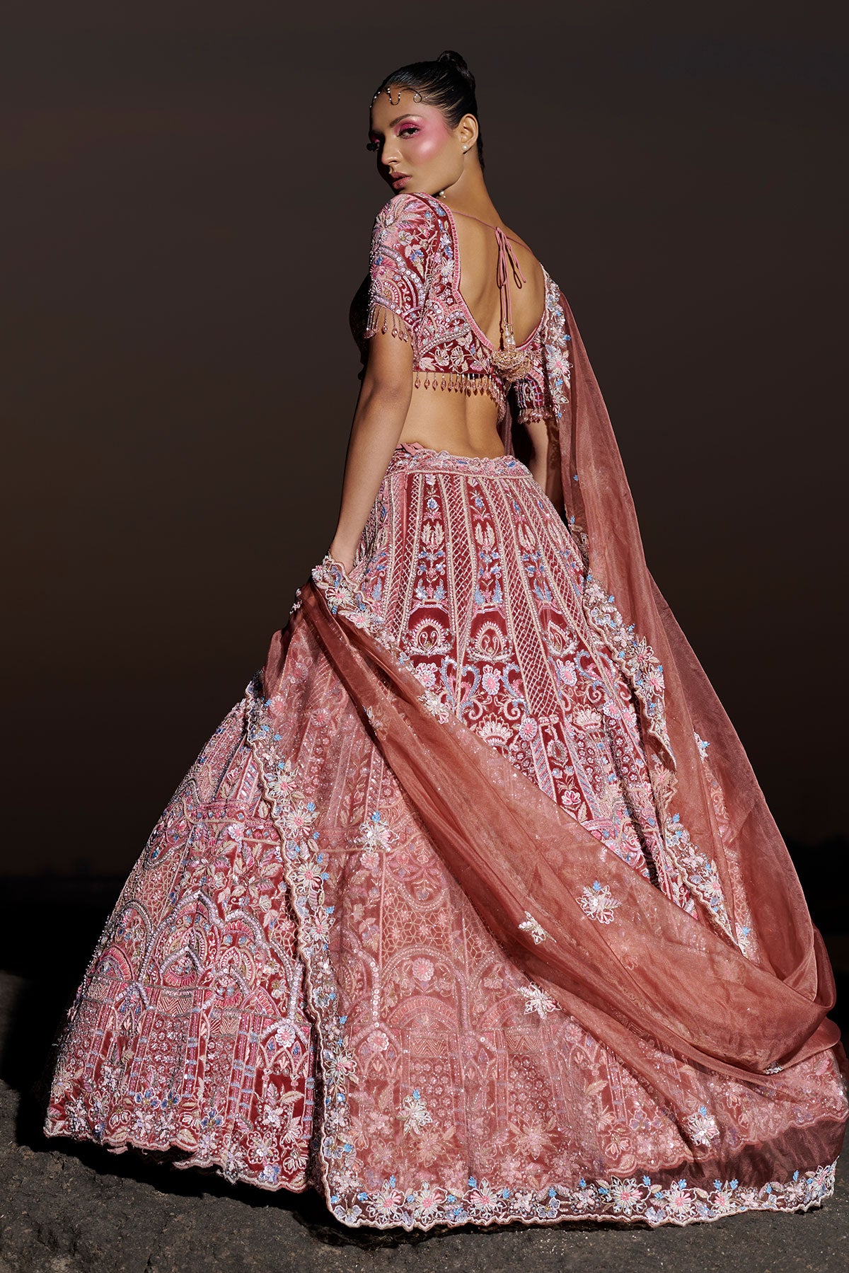 NOORI III- Fireweed Red bridal lehenga in silk velvet