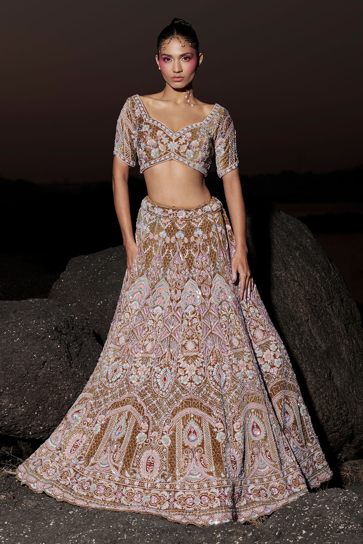 NOORI IV-rusty gold bridal lehenga in silk velvet