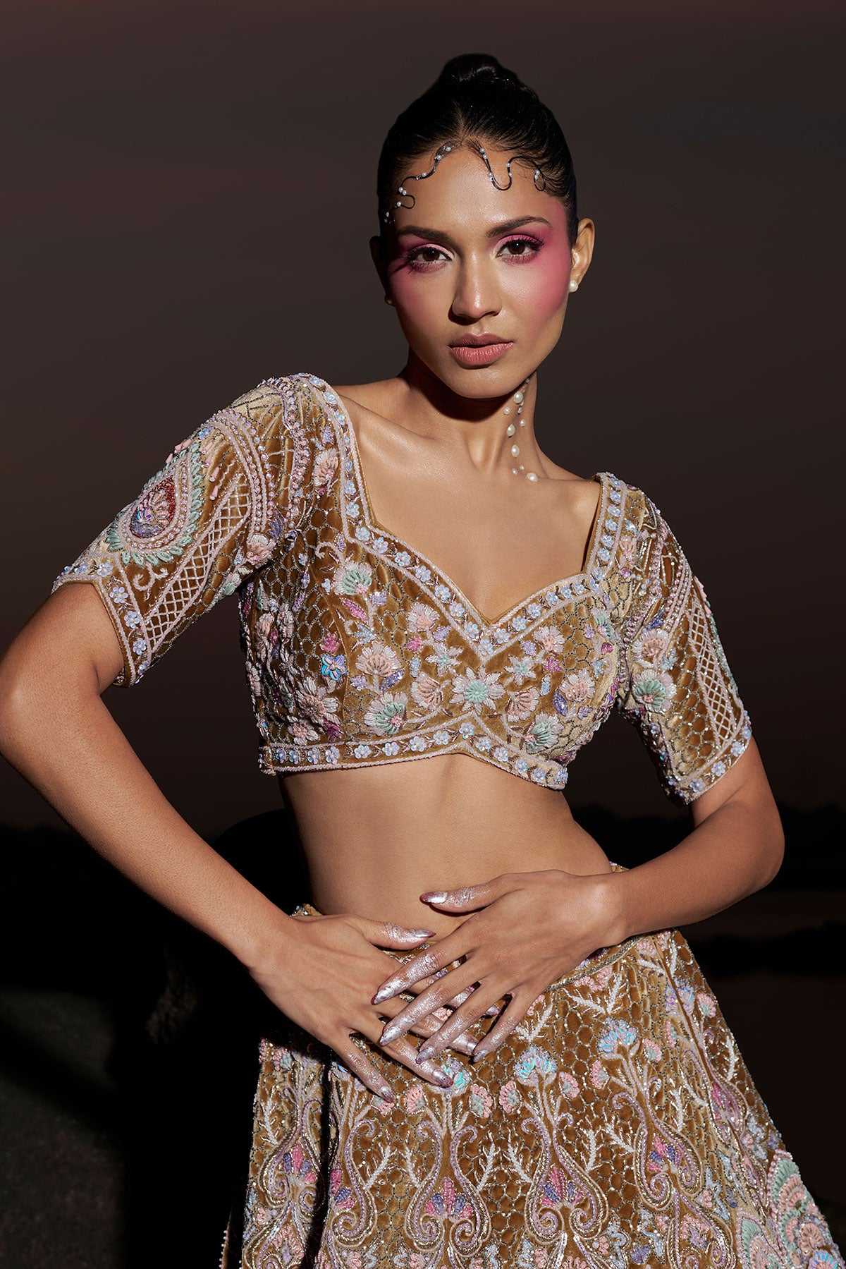 NOORI IV-rusty gold bridal lehenga in silk velvet