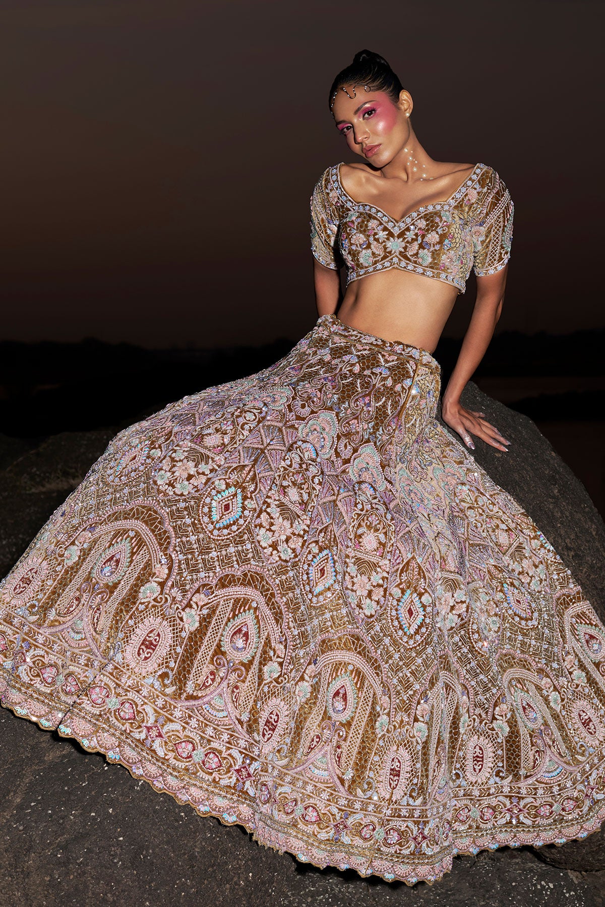 NOORI IV-rusty gold bridal lehenga in silk velvet