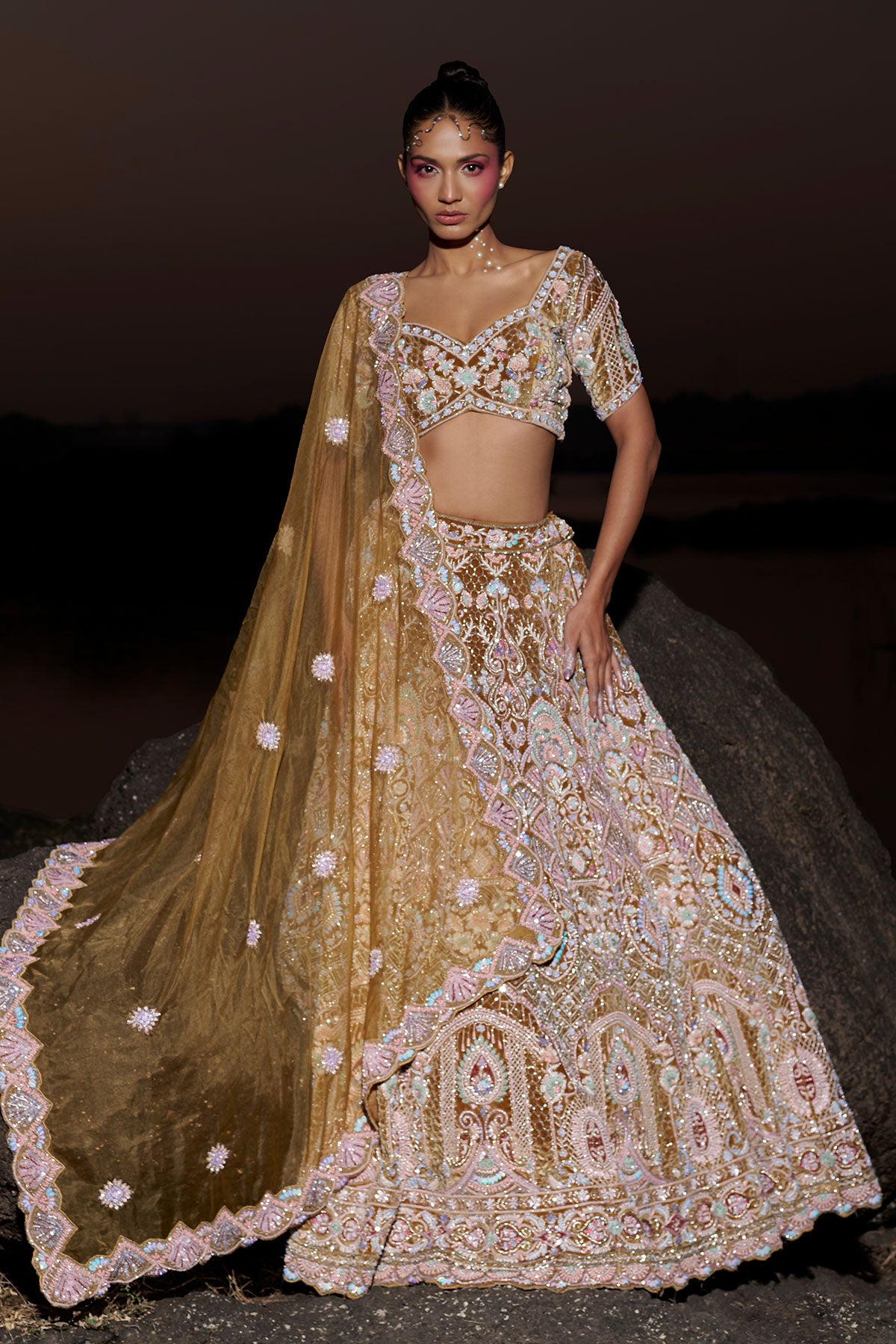 NOORI IV-rusty gold bridal lehenga in silk velvet