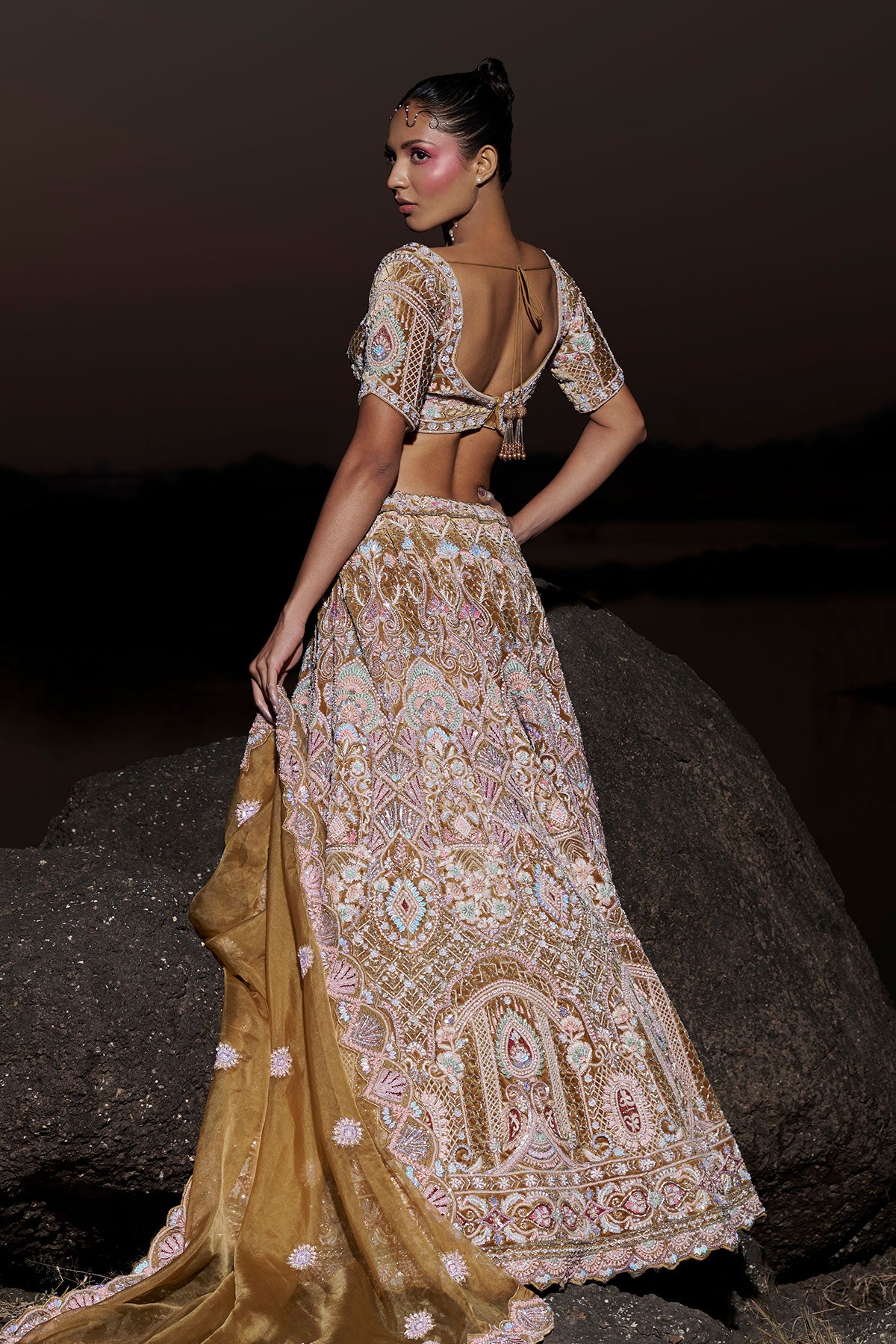 NOORI IV-rusty gold bridal lehenga in silk velvet