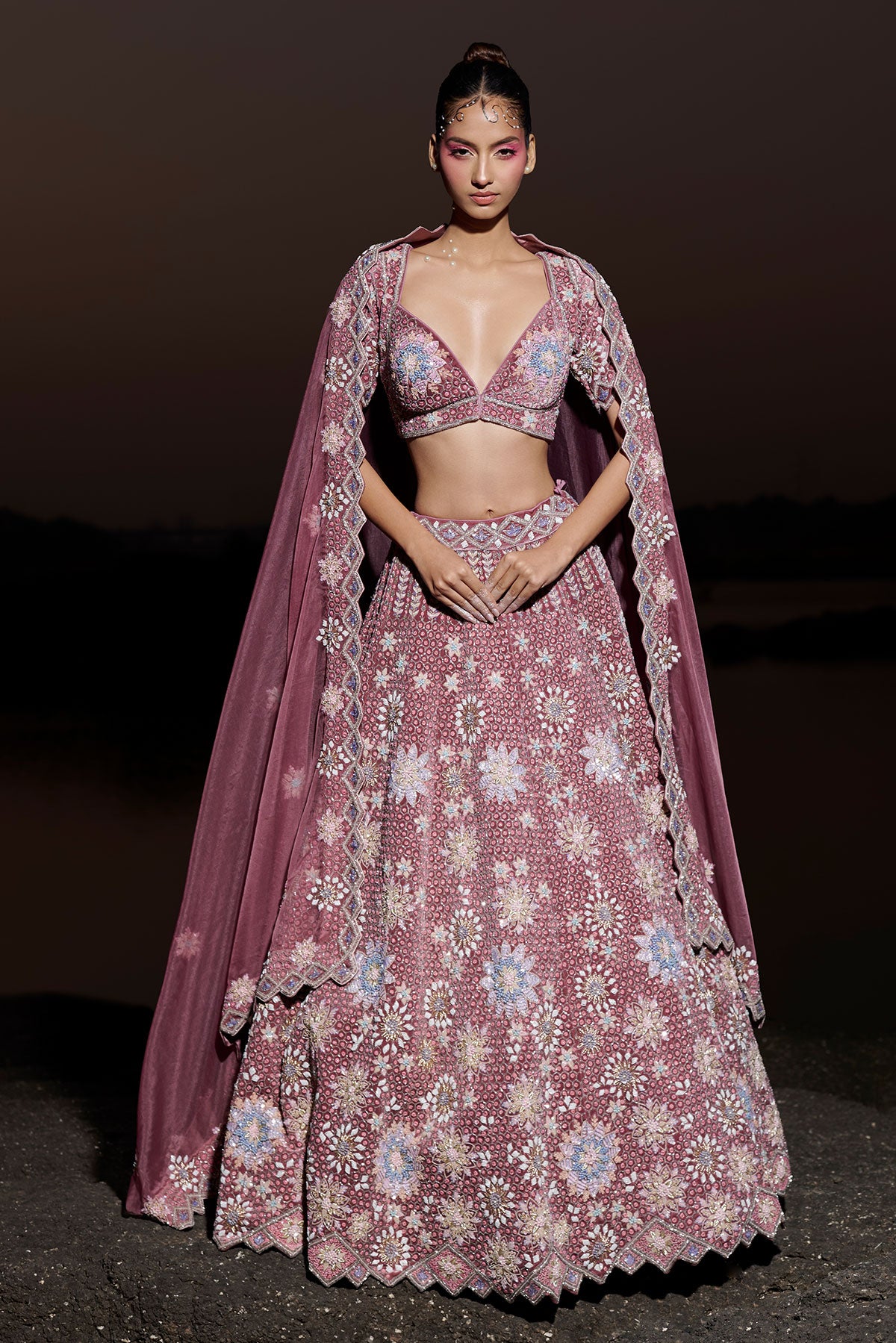 NOORI V- Dry Rose Mauve bridal lehenga in silk velvet