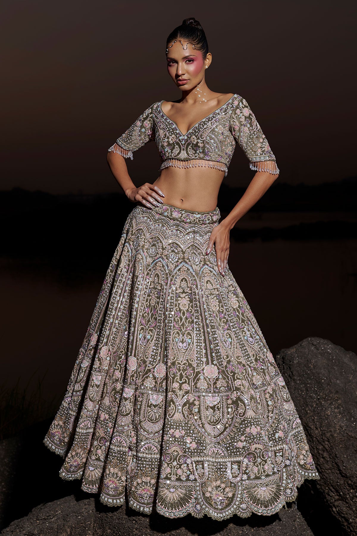 NOORI VI- Deep Dusty Green bridal lehenga in silk velvet