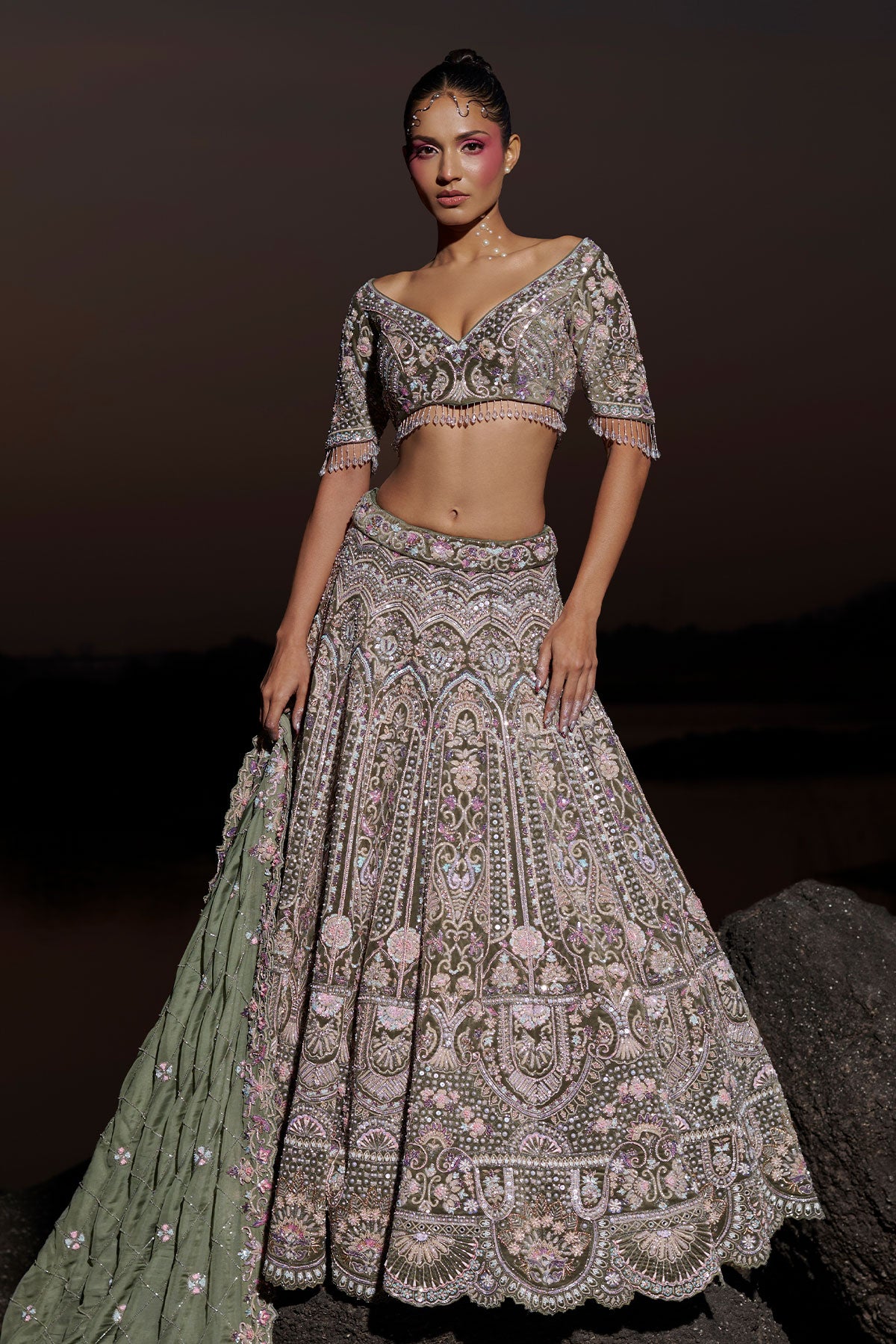 NOORI VI- Deep Dusty Green bridal lehenga in silk velvet