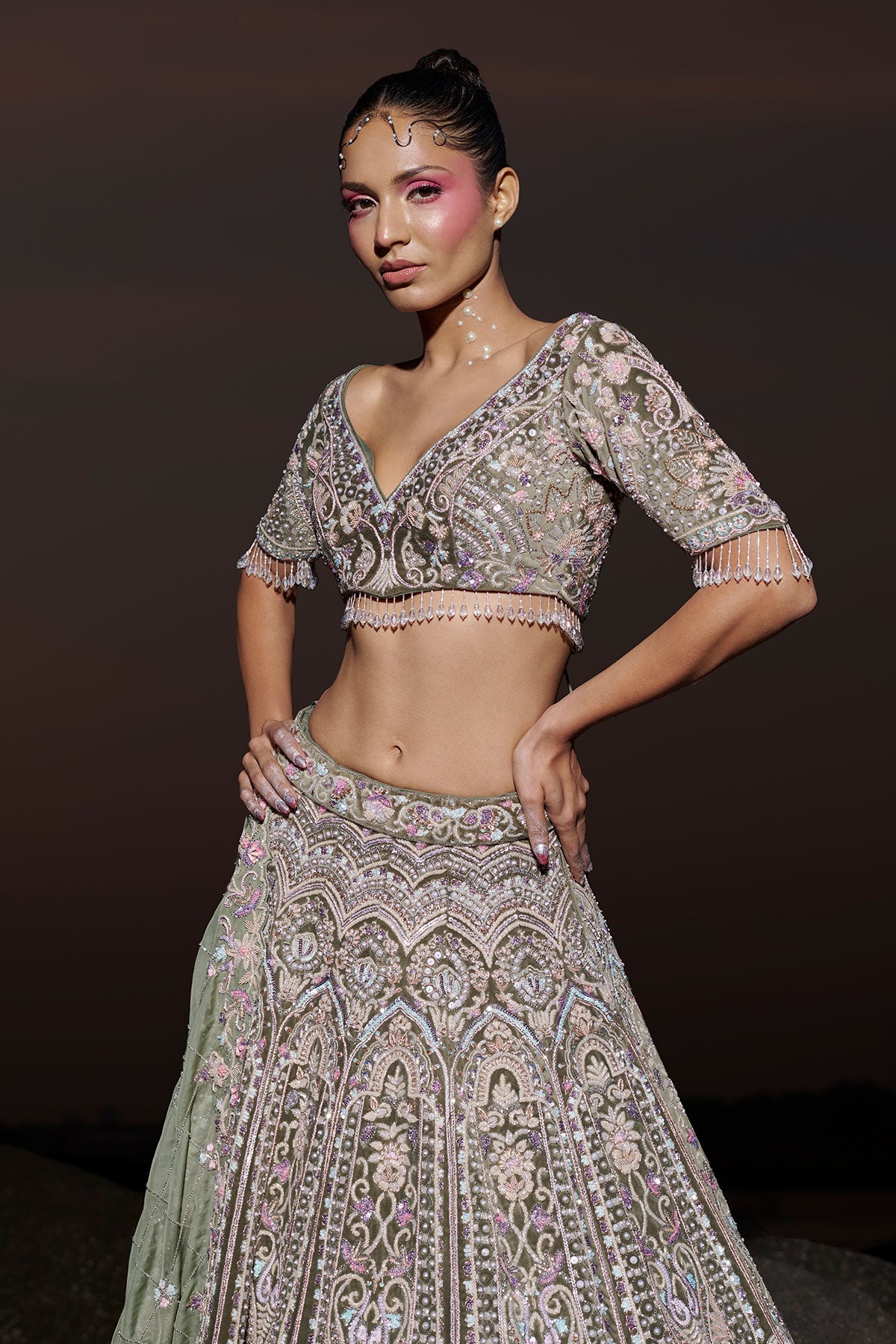 NOORI VI- Deep Dusty Green bridal lehenga in silk velvet