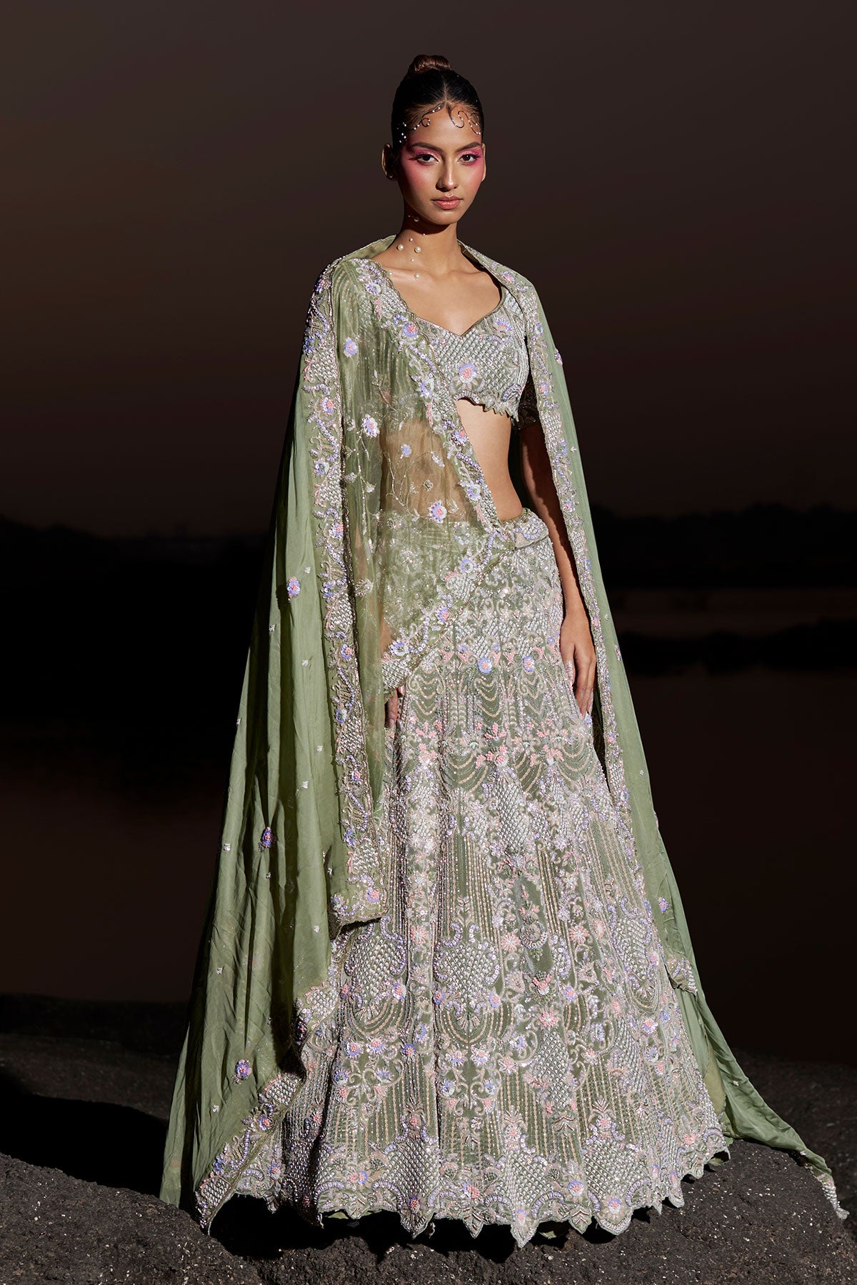 NOORI VII- Sage Green bridal lehenga in silk velvet