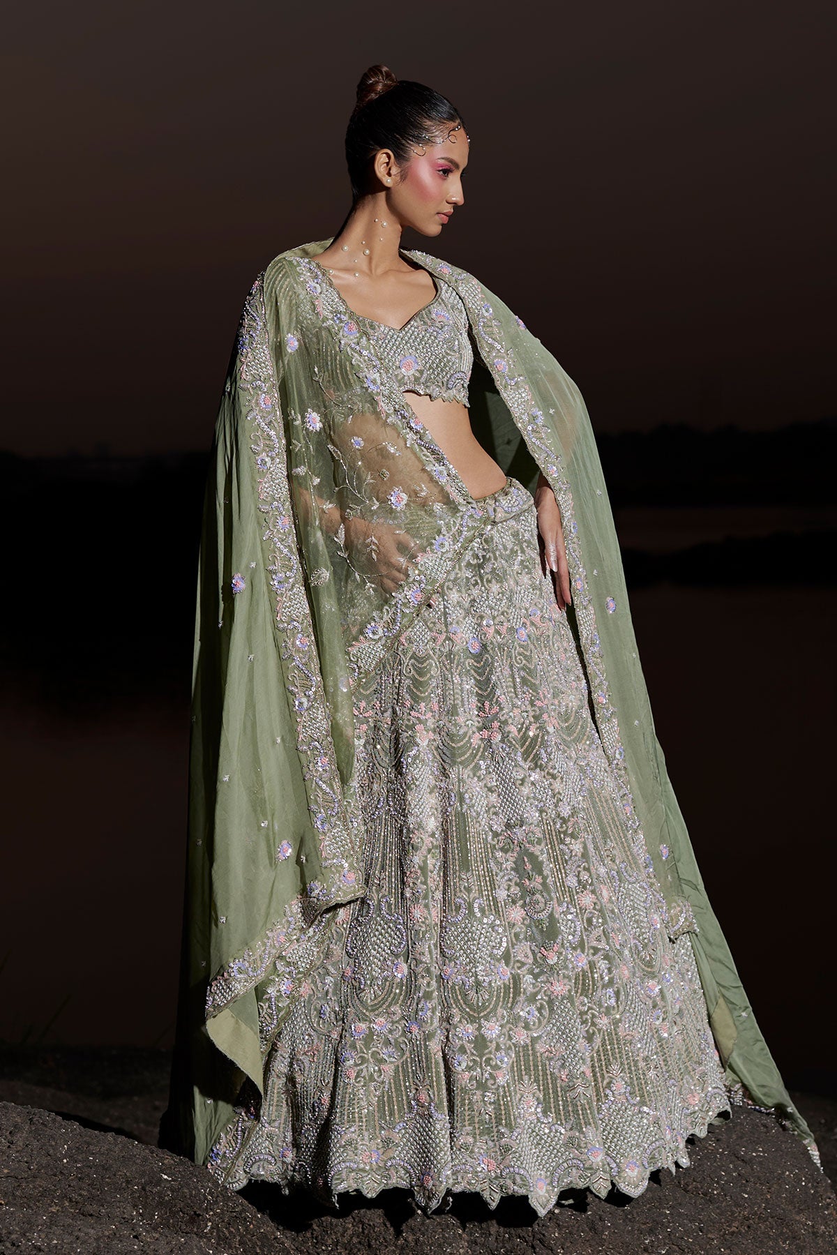 NOORI VII- Sage Green bridal lehenga in silk velvet
