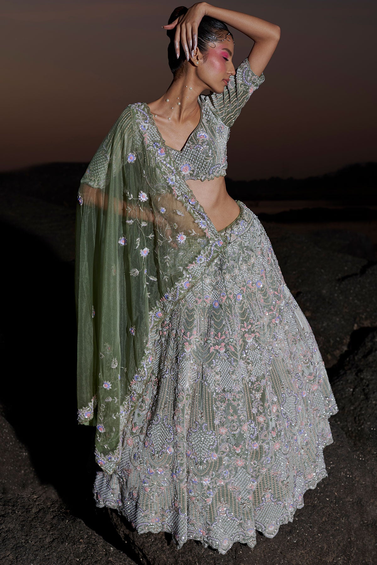NOORI VII- Sage Green bridal lehenga in silk velvet