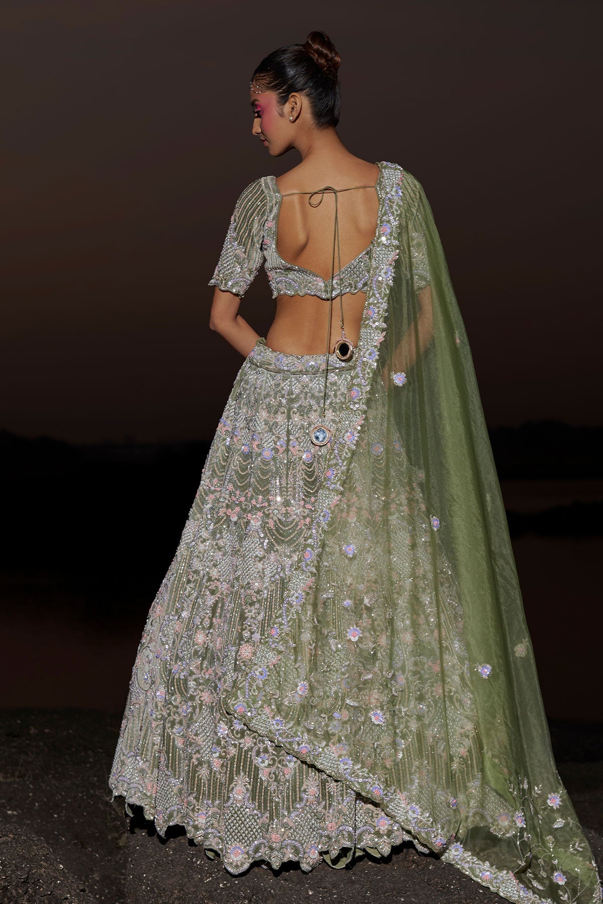 NOORI VII- Sage Green bridal lehenga in silk velvet