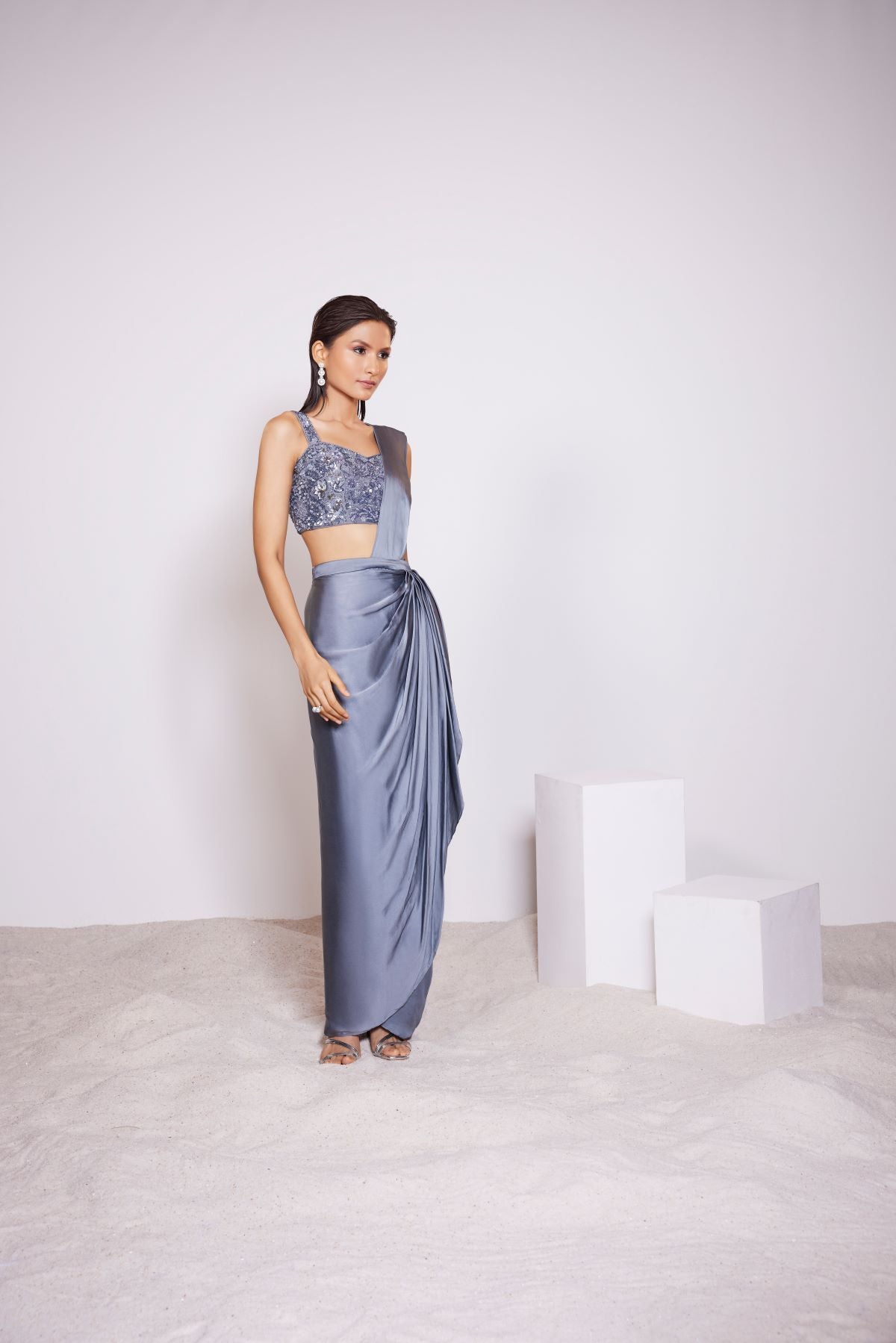 Dark Steel Grey Embroidered Pre-Draped Saree and Top in Crepe Satin