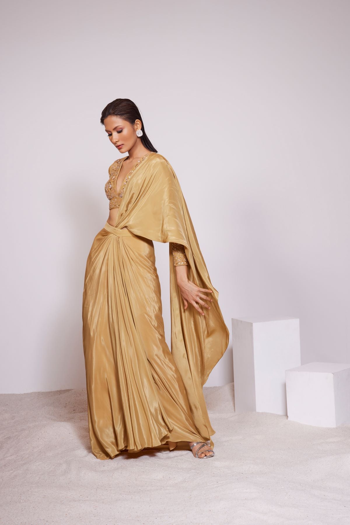 Mustard Yellow Pre-draped Saree With Hand Embroidered V-neck Blouse