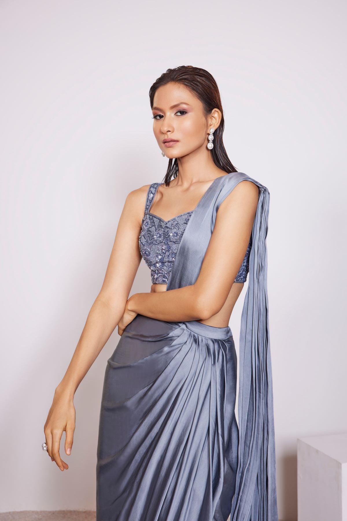 Dark Steel Grey Embroidered Pre-Draped Saree and Top in Crepe Satin