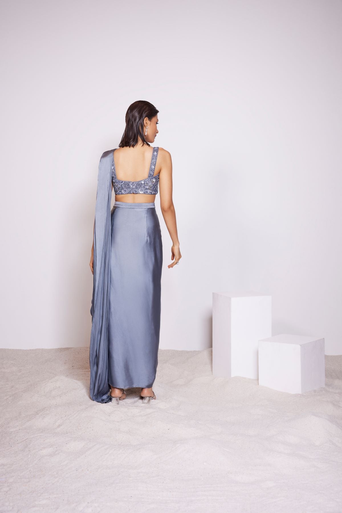 Dark Steel Grey Embroidered Pre-Draped Saree and Top in Crepe Satin