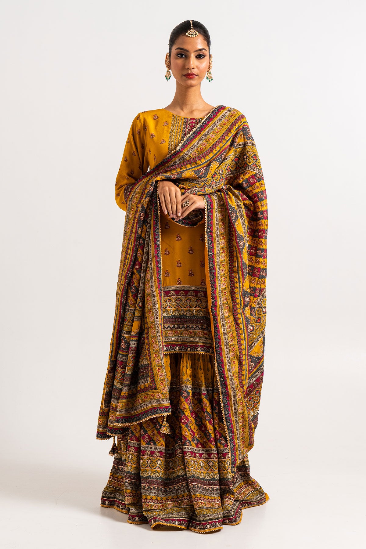 Deep Yellow Printed Gharara Set With A Multicoloured Dupatta
