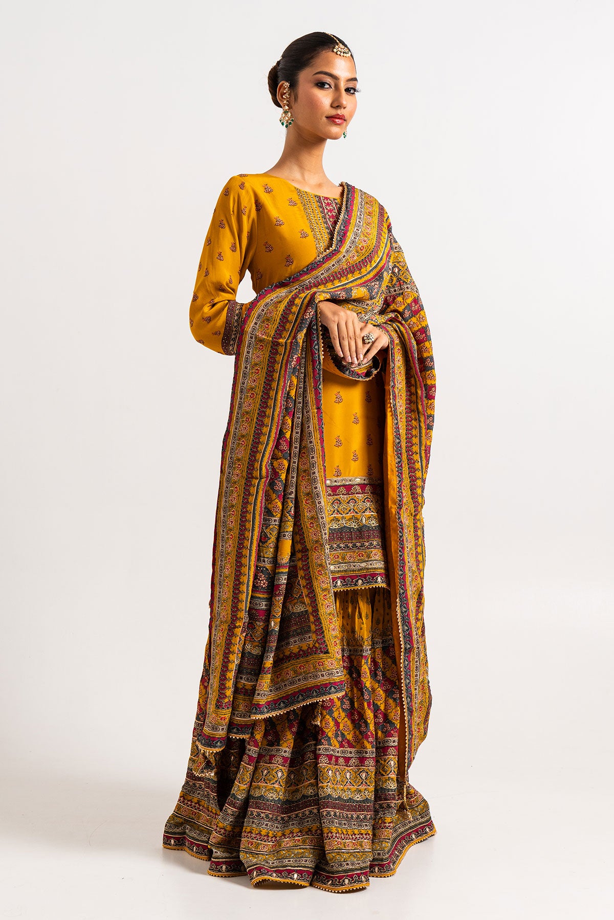 Deep Yellow Printed Gharara Set With A Multicoloured Dupatta