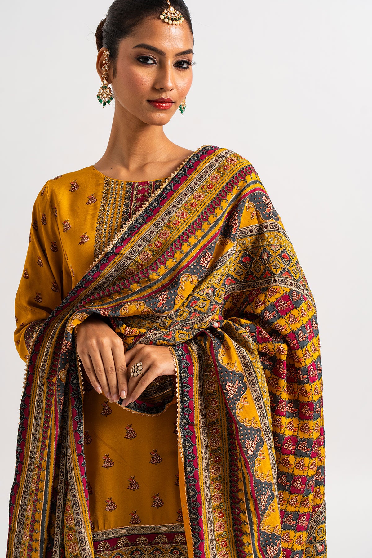 Deep Yellow Printed Gharara Set With A Multicoloured Dupatta