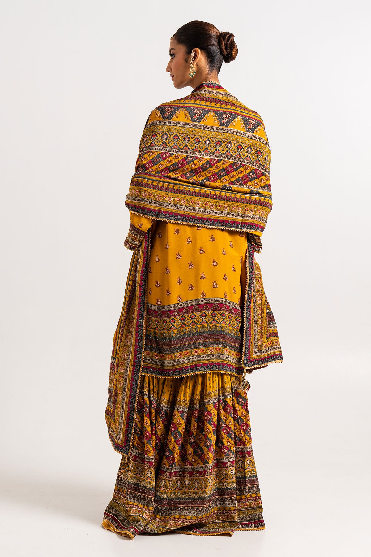 Deep Yellow Printed Gharara Set With A Multicoloured Dupatta