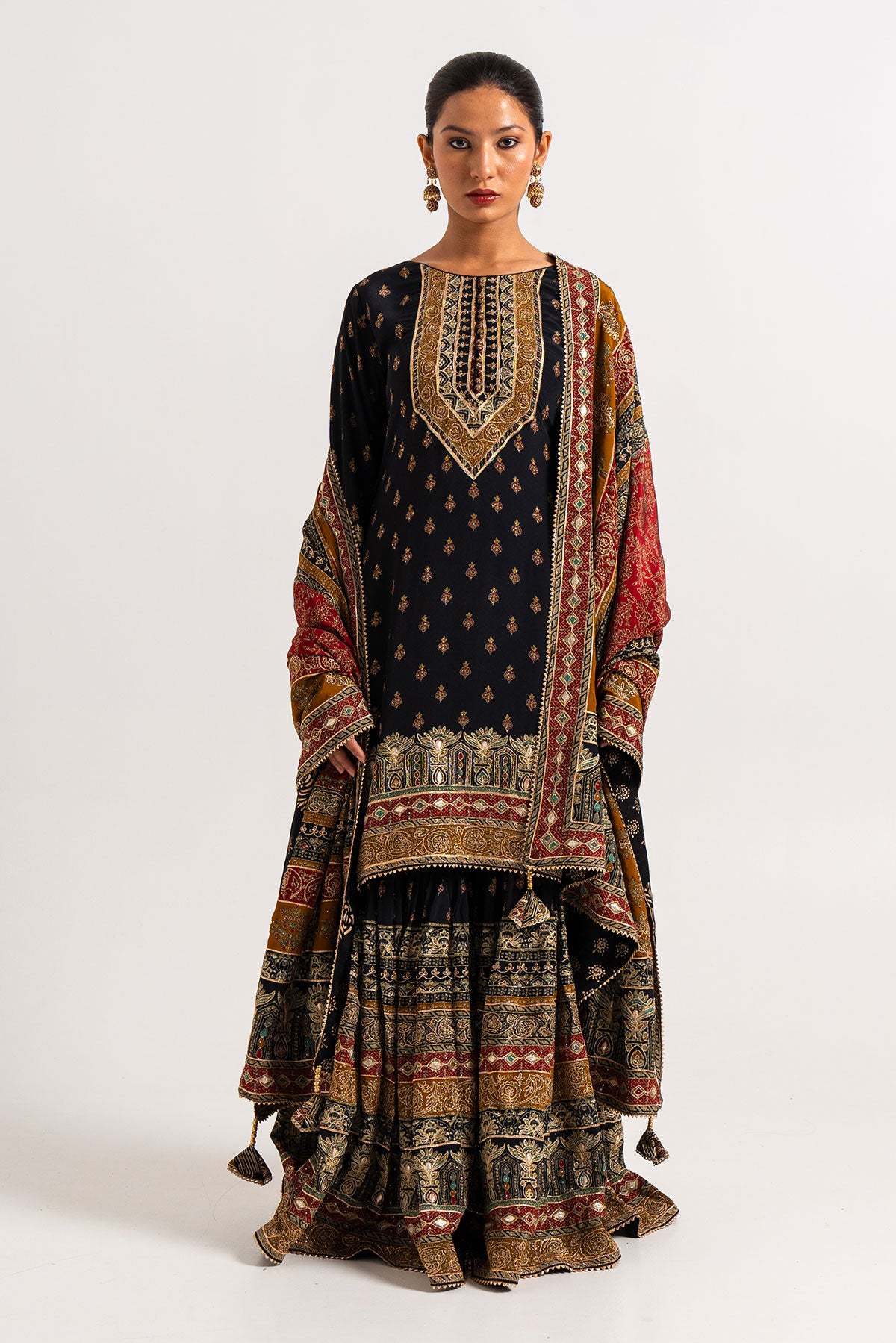 Black And Red Printed Gharara Set With Gota Work