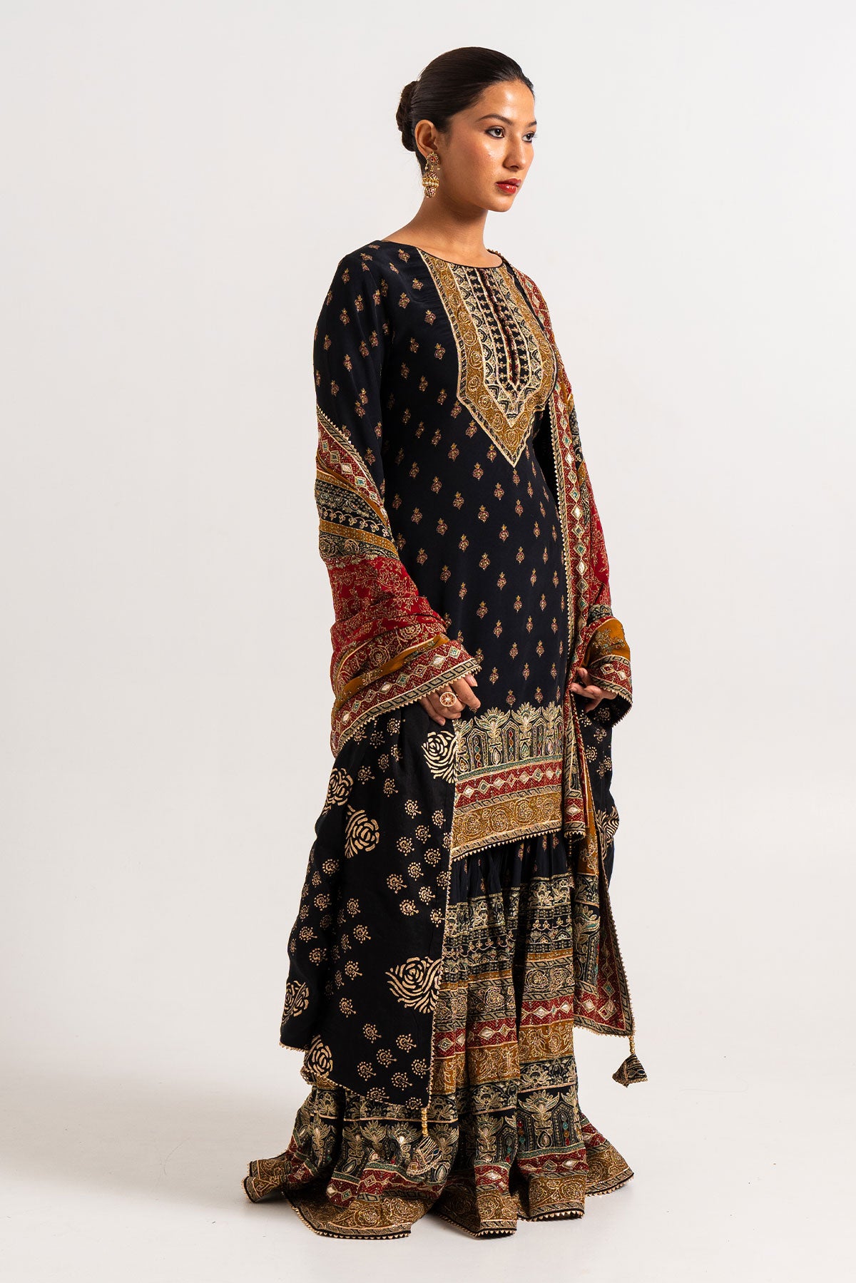 Black And Red Printed Gharara Set With Gota Work