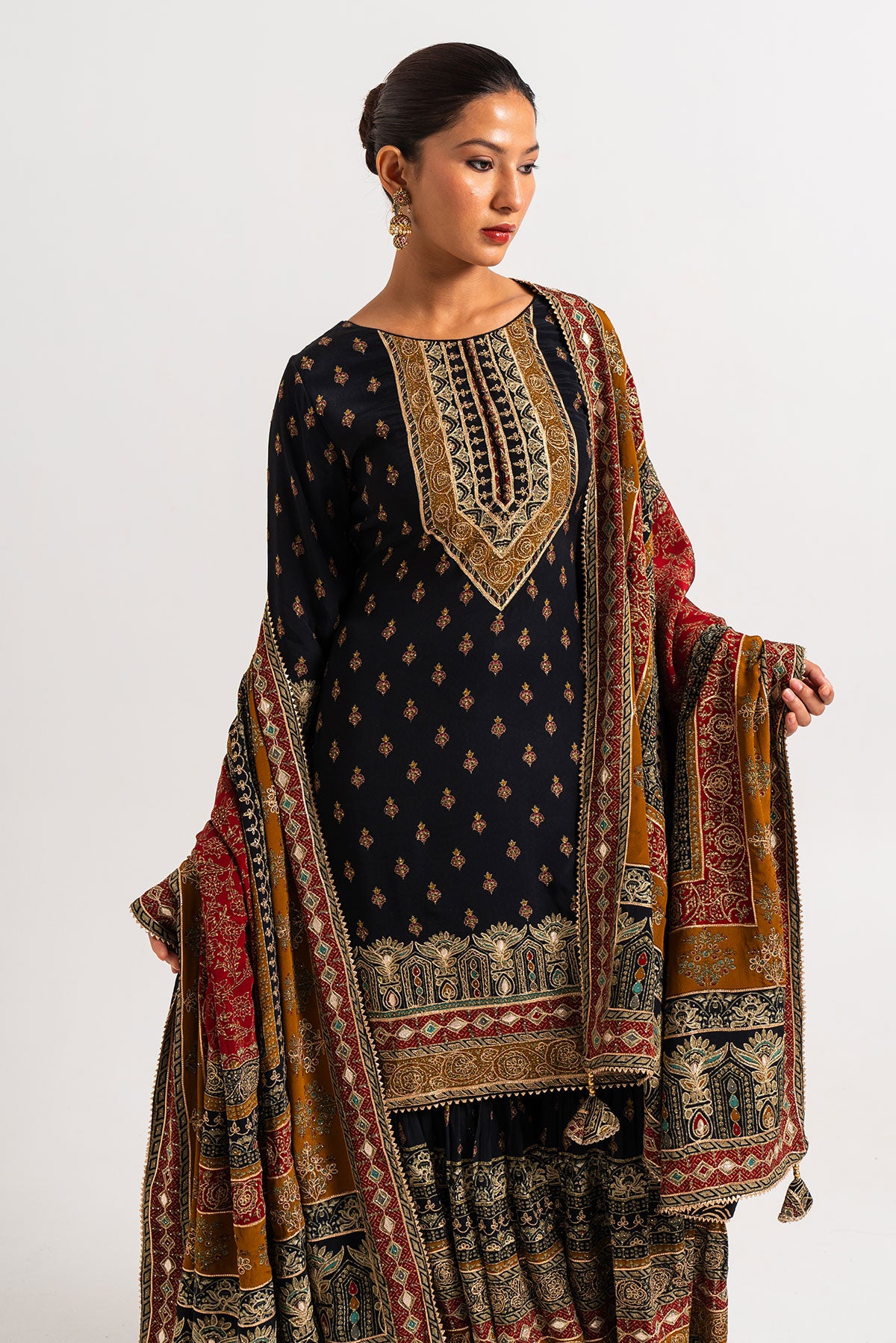 Black And Red Printed Gharara Set With Gota Work