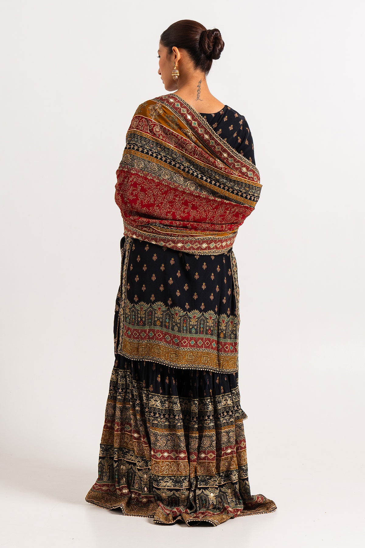Black And Red Printed Gharara Set With Gota Work