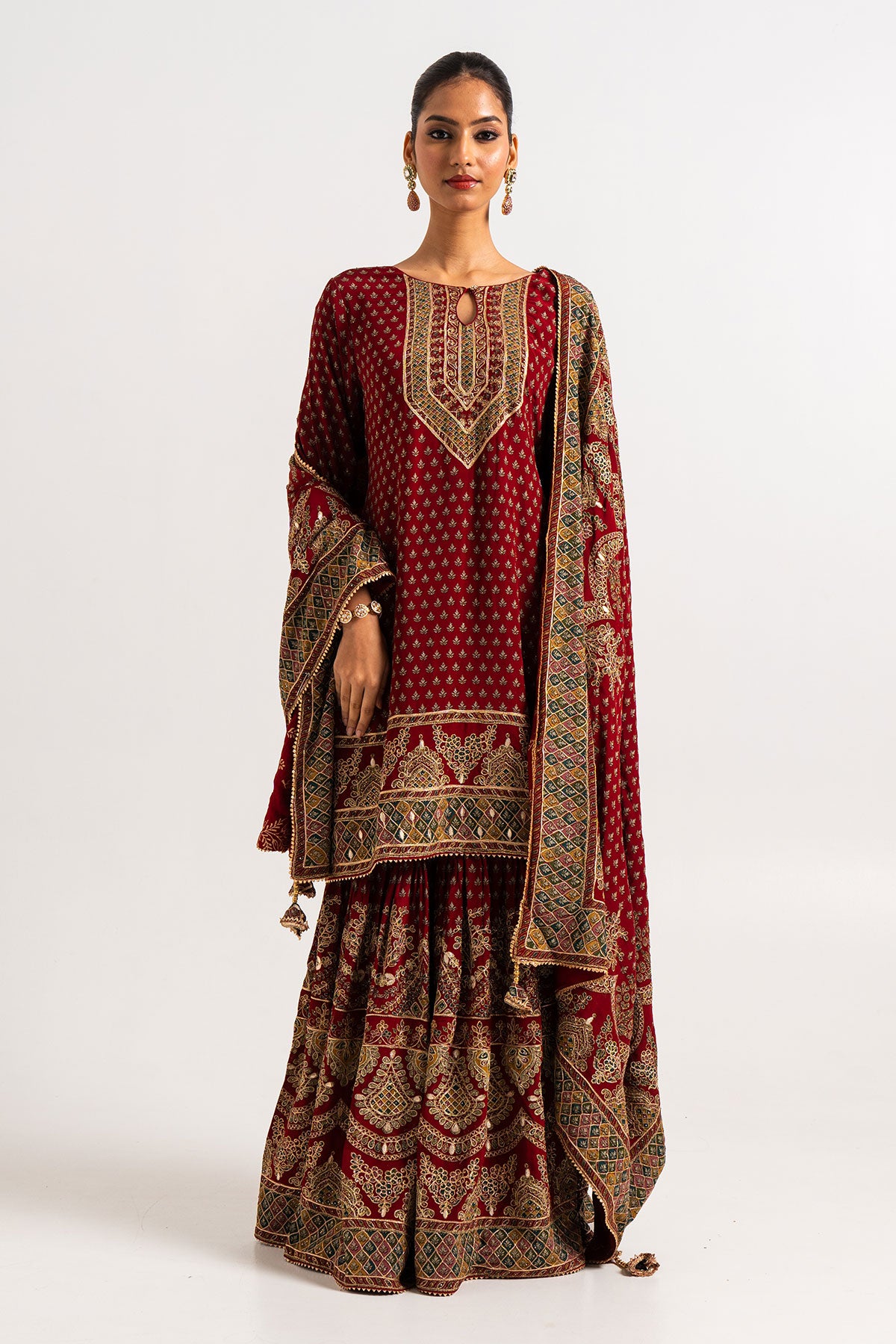 Maroon Printed Gharara Set With Gotapatti Work