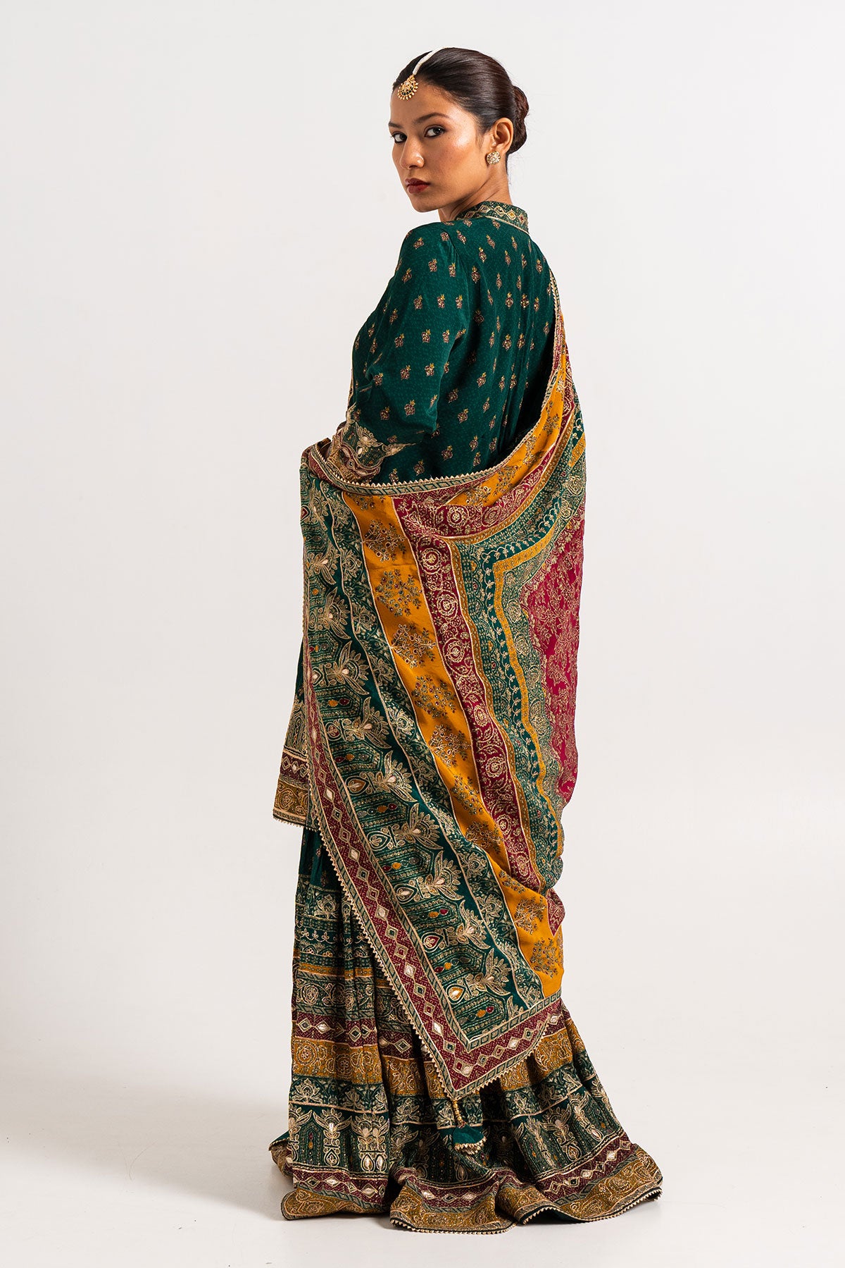 Emerald Green And Yellow Printed Gharara Set With Gotapatti Work
