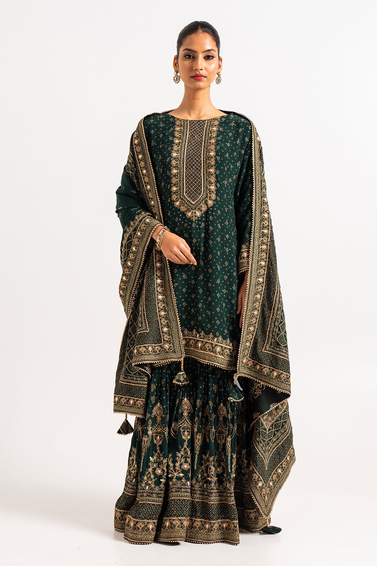 Drak Green Printed Gharara Set With Gota And Zari Work