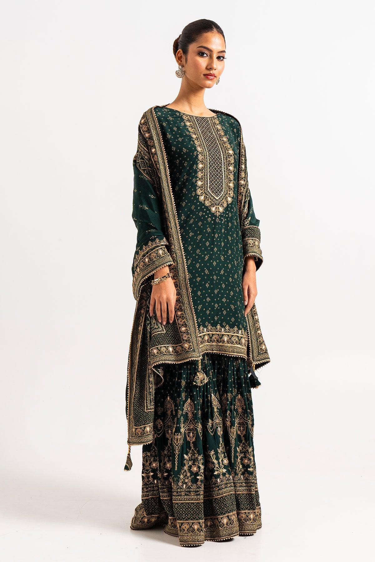 Drak Green Printed Gharara Set With Gota And Zari Work