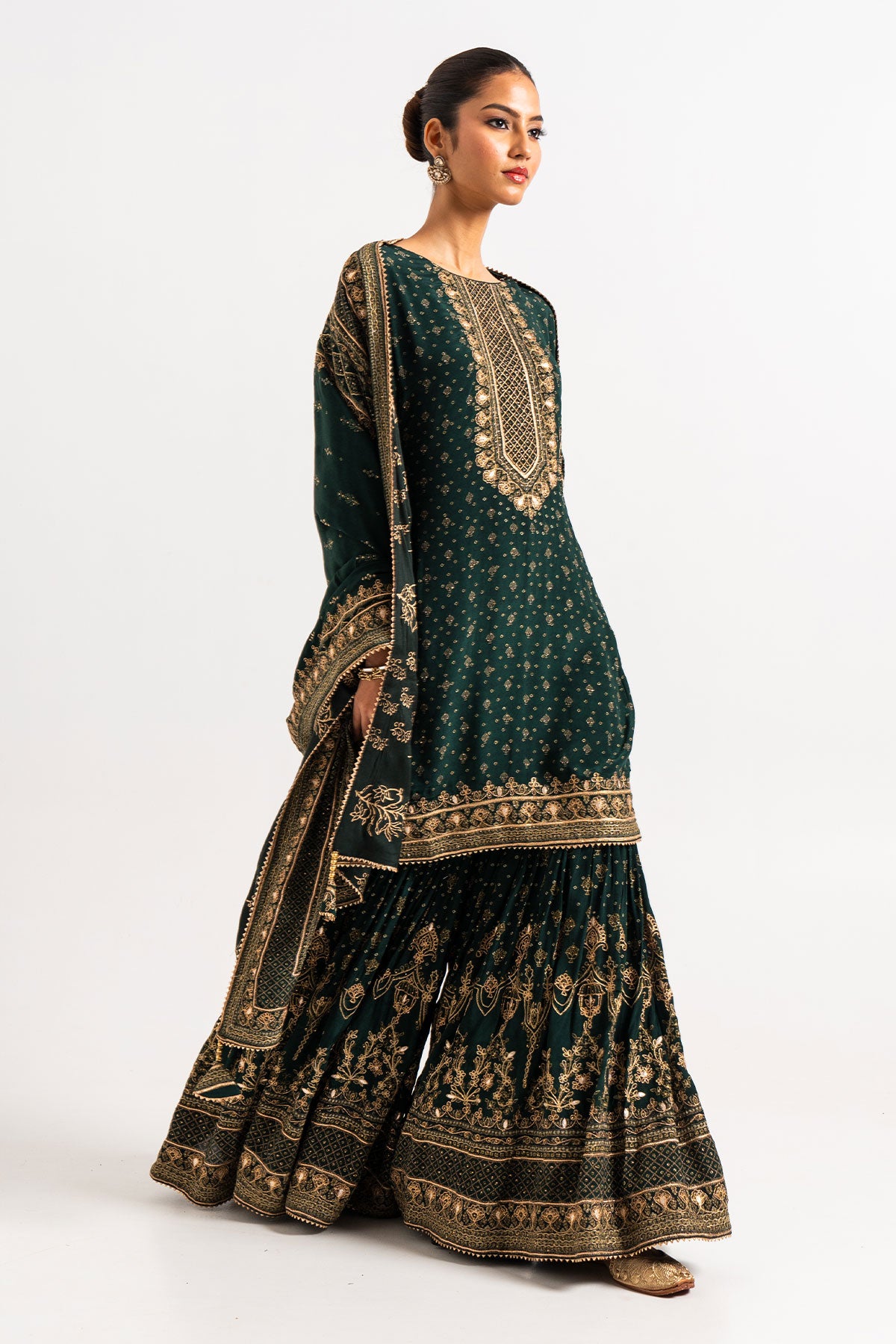 Drak Green Printed Gharara Set With Gota And Zari Work