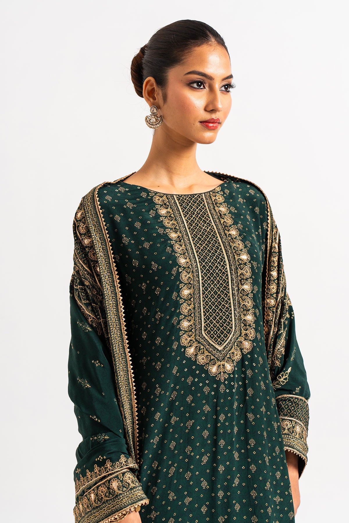 Drak Green Printed Gharara Set With Gota And Zari Work