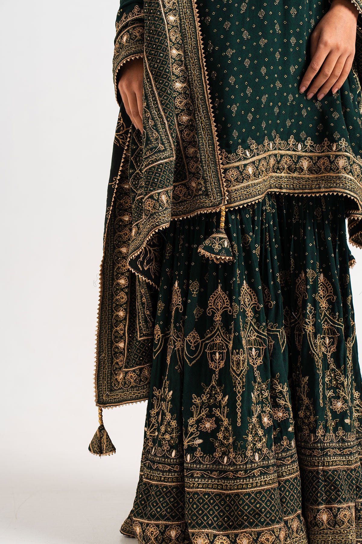 Drak Green Printed Gharara Set With Gota And Zari Work
