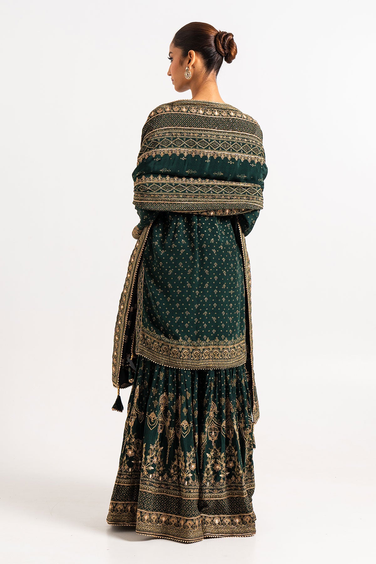 Drak Green Printed Gharara Set With Gota And Zari Work
