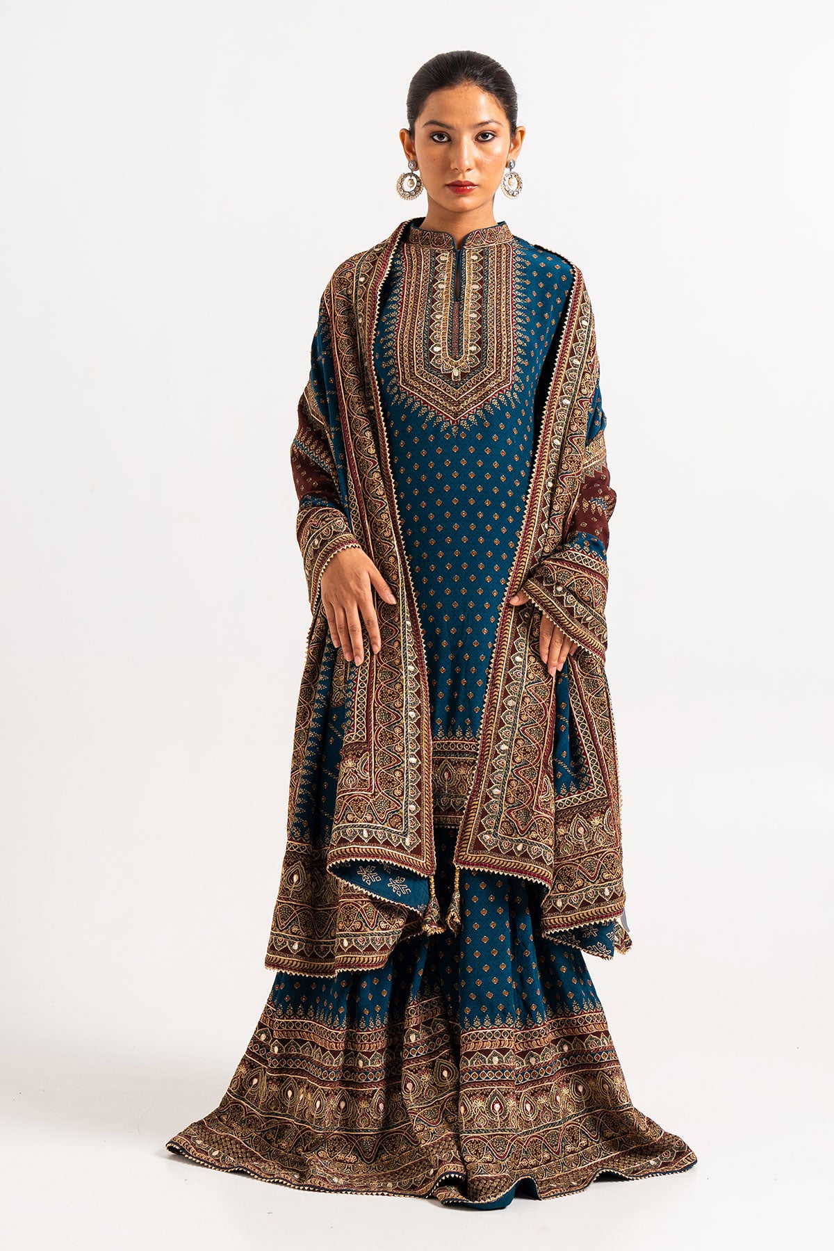 Royal Blue And Maroon Printed Gharara Set With Gota And Zari Work