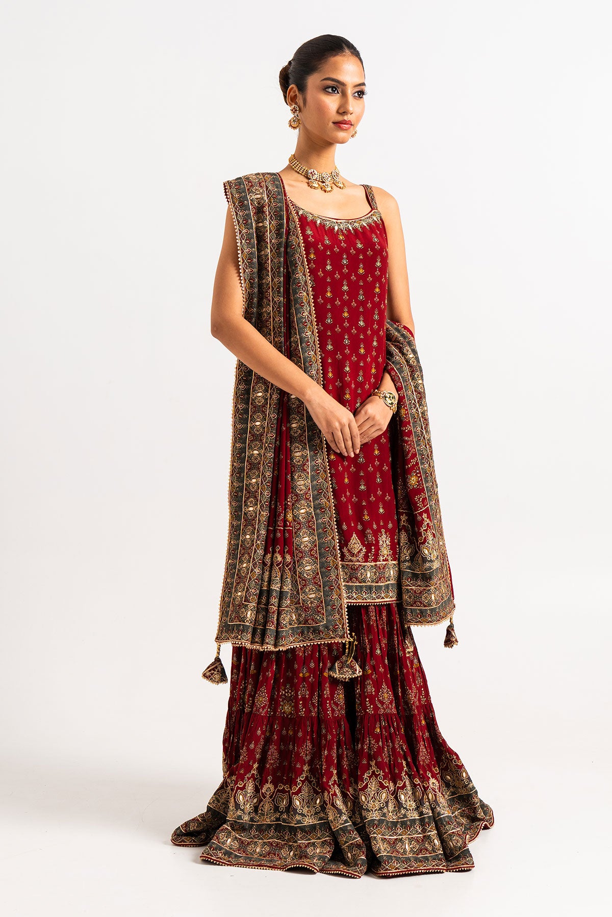 Maroon Printed Three Tiered Gharara Set With Gota Work