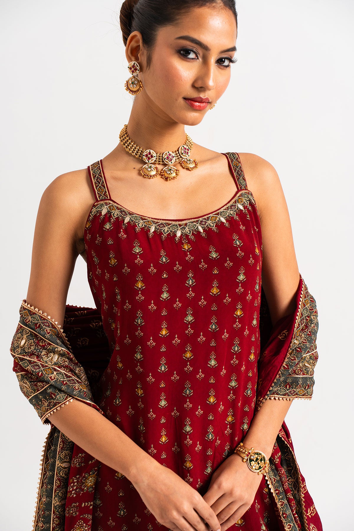 Maroon Printed Three Tiered Gharara Set With Gota Work