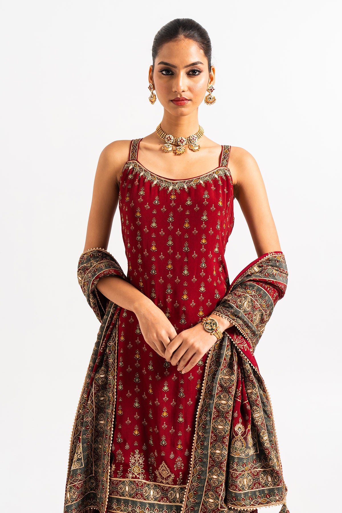 Maroon Printed Three Tiered Gharara Set With Gota Work